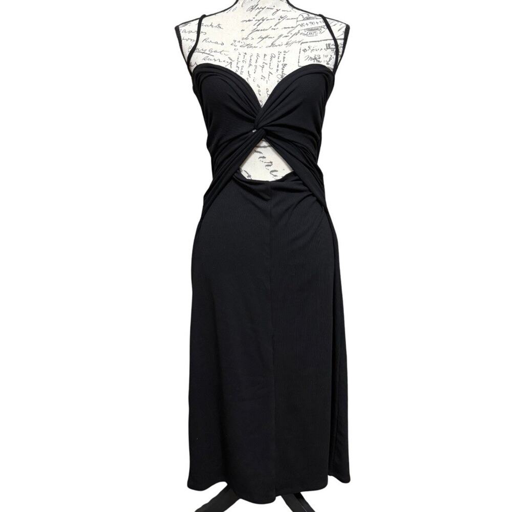 Halara Twist Front Cutout Bodycon Dress Size M Black Ribbed Knit NEW - Picture 1 of 8